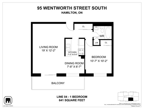 A floor plan for a property at 95 Wentworth Street South, Hamilton, ON, showing a living room, dining room, kitchen, and bedroom with their respective dimensions.